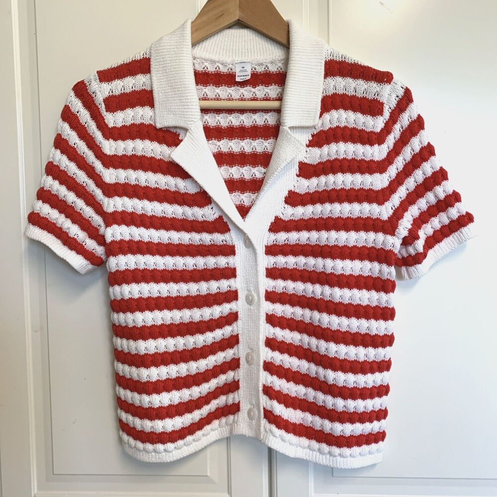 Old Navy Button Down Knit Short Sleeve Sweater Collared Red White Womens XS
